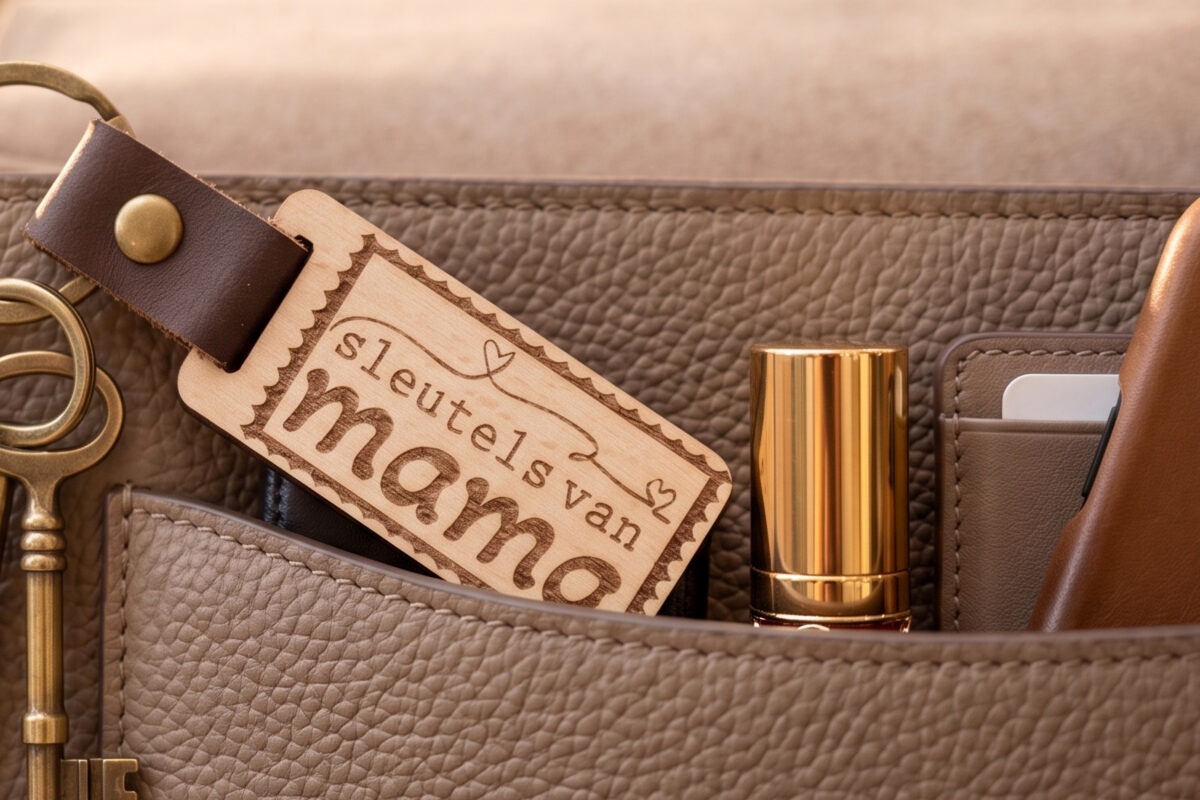 Houten sleutelhanger moederdag met tekst Sleutels van mama en leren riempje