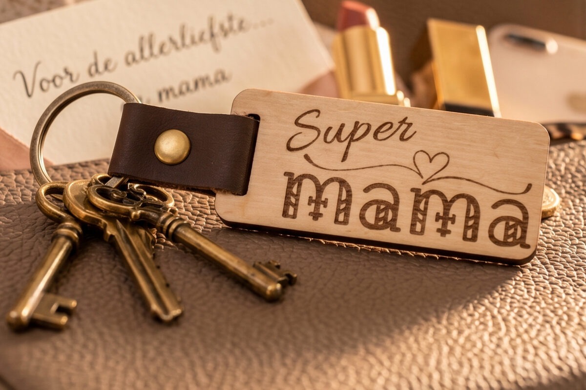 Houten sleutelhanger moederdag met tekst SUPER MAMA en leren riempje