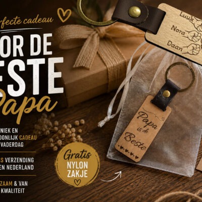 Houten Sleutelhanger met kindernamen voor papa is het vaderdag kado van 2026. vaderdagactie De Meesterbrander