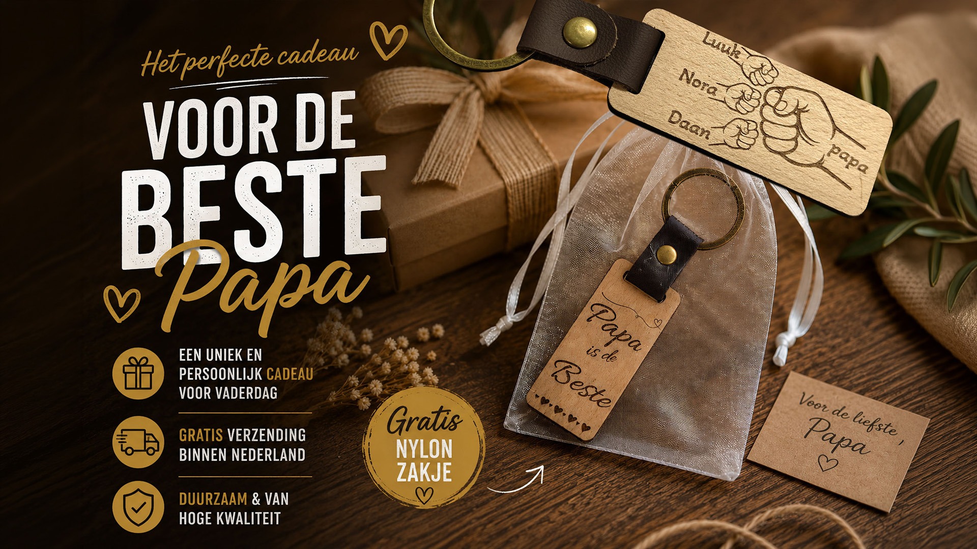 Houten Sleutelhanger met kindernamen voor papa is het vaderdag kado van 2026. vaderdagactie De Meesterbrander