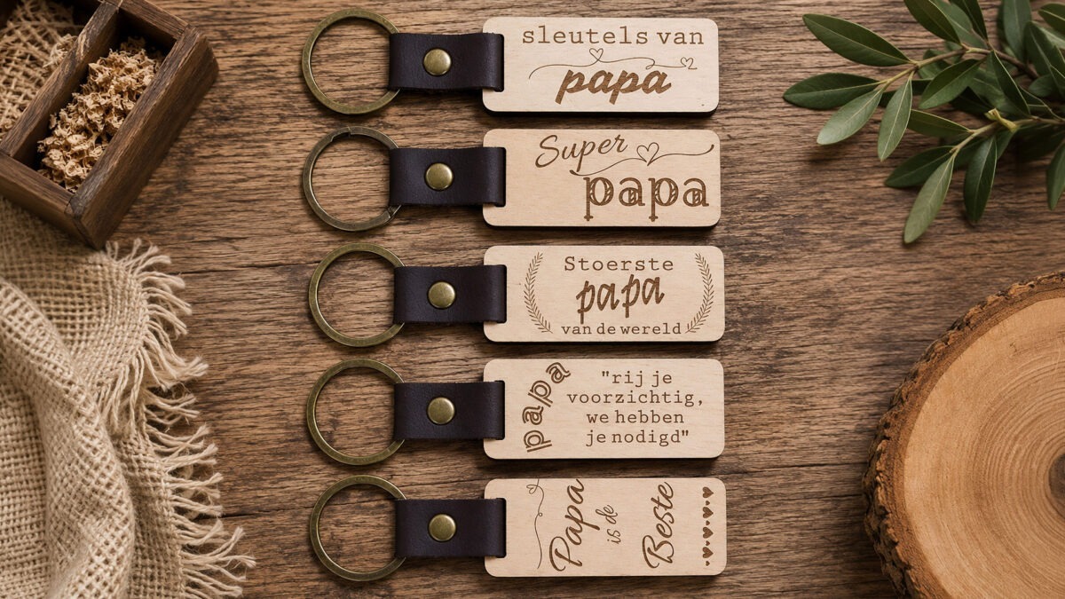 Houten Sleutelhanger met kindernamen voor papa is het vaderdag kado van 2026