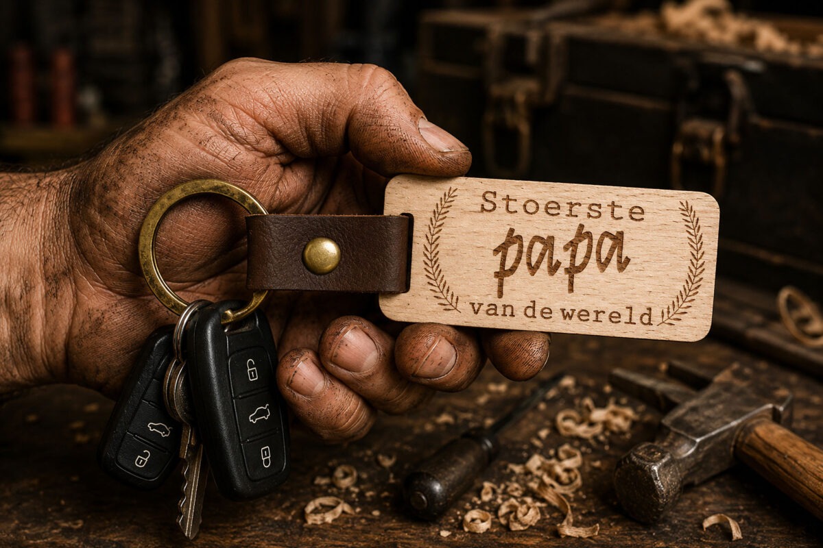 Houten Sleutelhanger met kindernamen voor papa is het vaderdag kado van 2026. De Stoerste papa