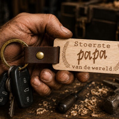 Houten Sleutelhanger met kindernamen voor papa is het vaderdag kado van 2026. De Stoerste papa