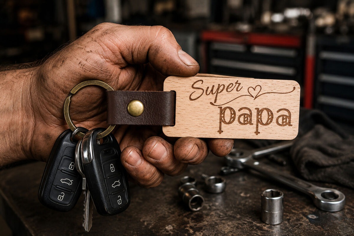 Houten Sleutelhanger met kindernamen voor papa is het vaderdag kado van 2026. Super papa