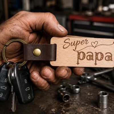 Houten Sleutelhanger met kindernamen voor papa is het vaderdag kado van 2026. Super papa