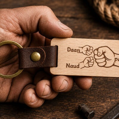Houten Sleutelhanger met 2 kindernamen voor papa is het vaderdag kado van 2026