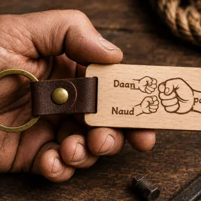 Houten Sleutelhanger met 2 kindernamen voor papa is het vaderdag kado van 2026