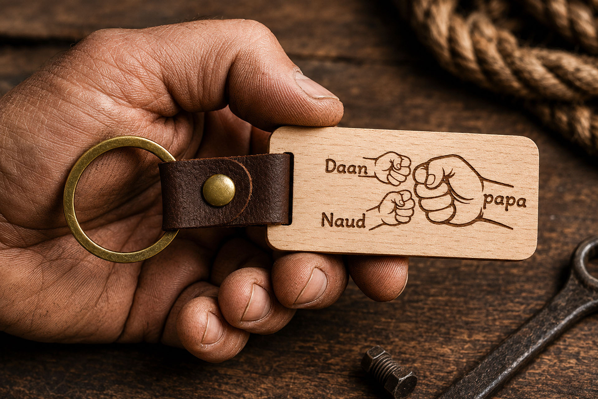 Houten Sleutelhanger met 2 kindernamen voor papa is het vaderdag kado van 2026