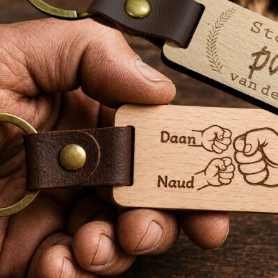 Houten Sleutelhanger met kindernamen voor papa is het vaderdag kado van 2026. vaderdagactie De Meesterbrander