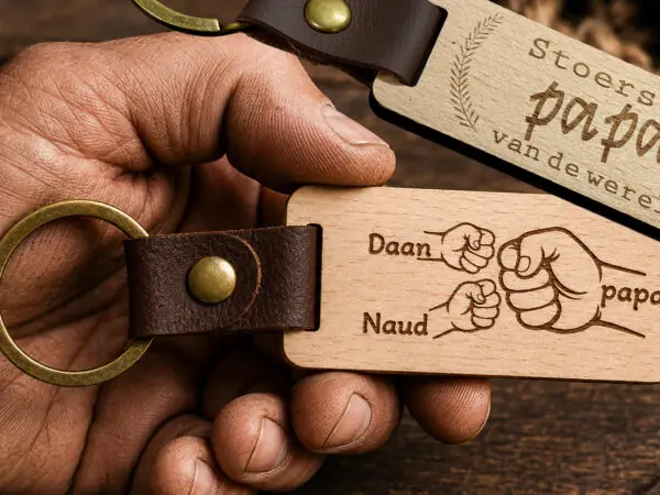 Houten Sleutelhanger met kindernamen voor papa is het vaderdag kado van 2026. vaderdagactie De Meesterbrander