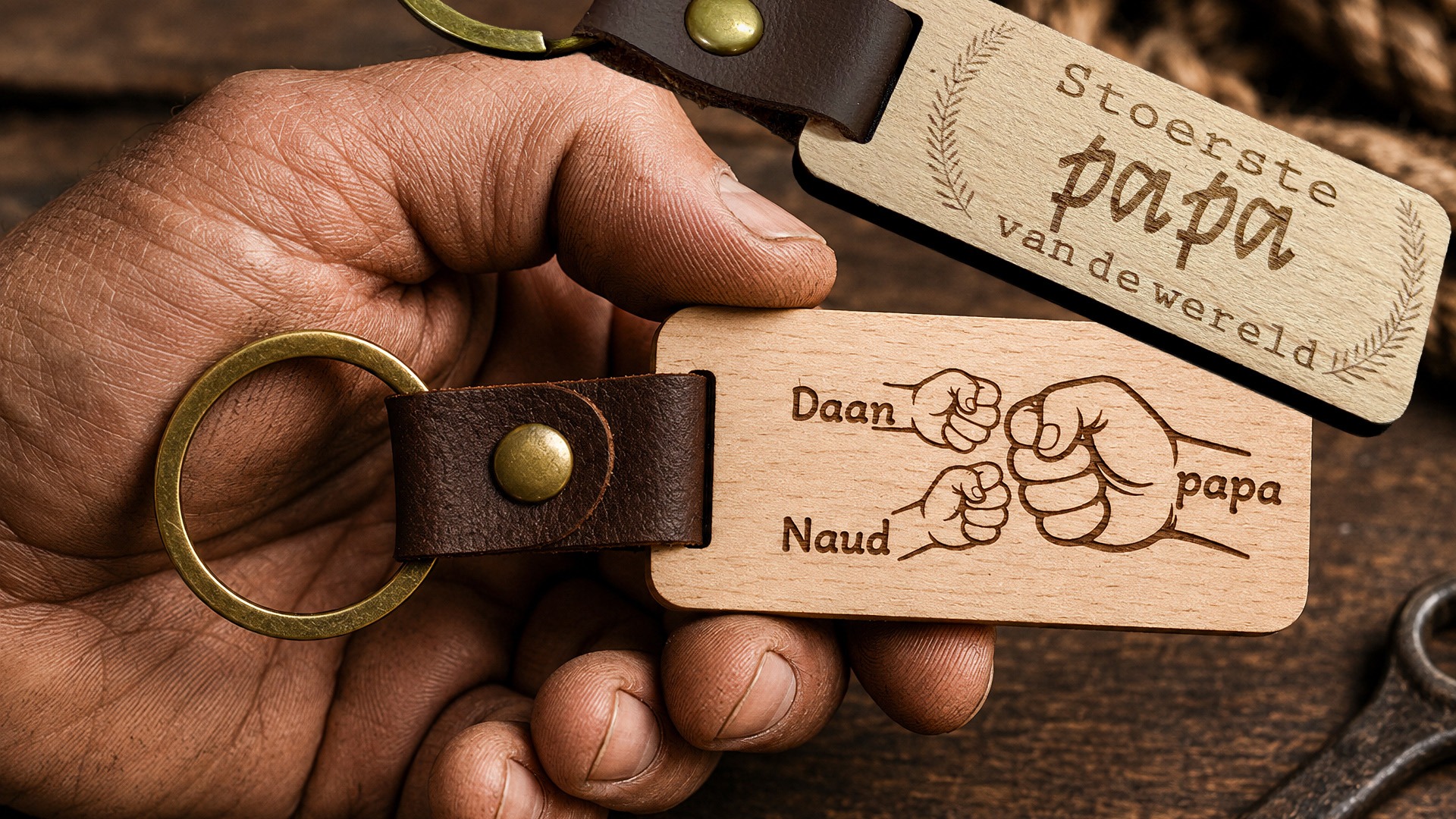 Houten Sleutelhanger met kindernamen voor papa is het vaderdag kado van 2026. vaderdagactie De Meesterbrander