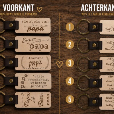 Houten Sleutelhanger met kindernamen voor papa is het vaderdag kado van 2026. vaderdagactie De Meesterbrander
