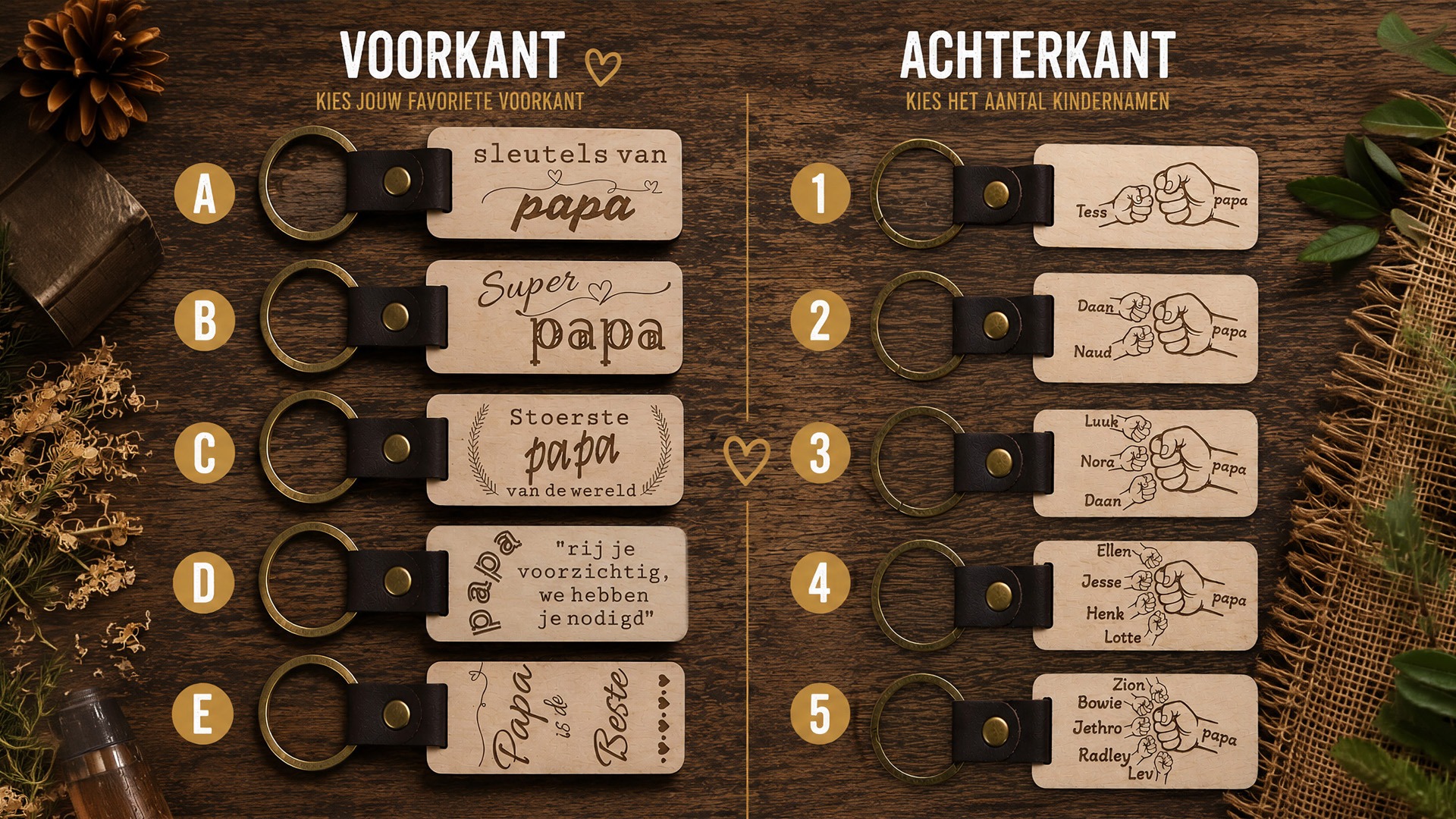 Houten Sleutelhanger met kindernamen voor papa is het vaderdag kado van 2026. vaderdagactie De Meesterbrander